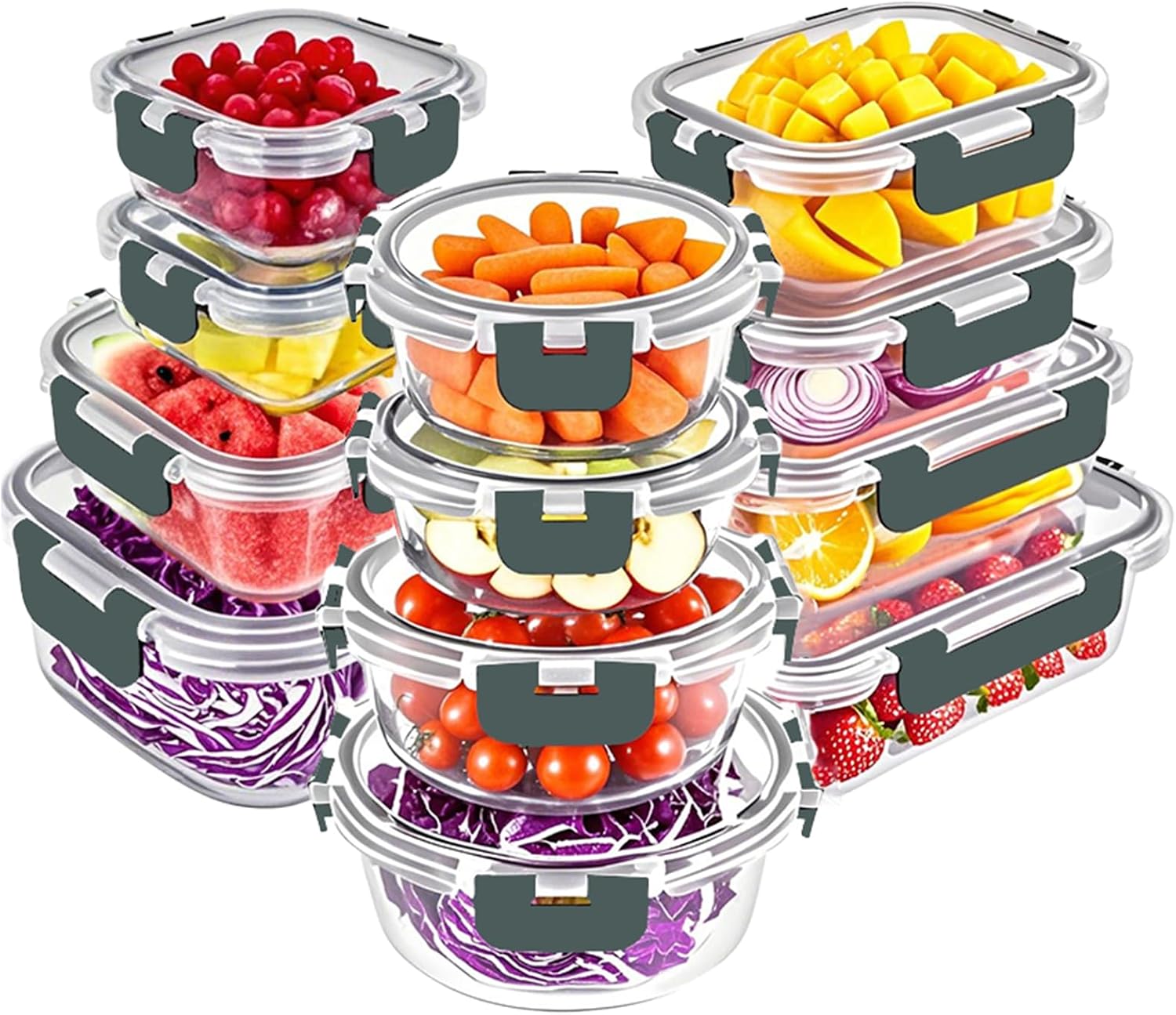 12 Pack Glass Food Storage Containers with Airtight Lids, Grey