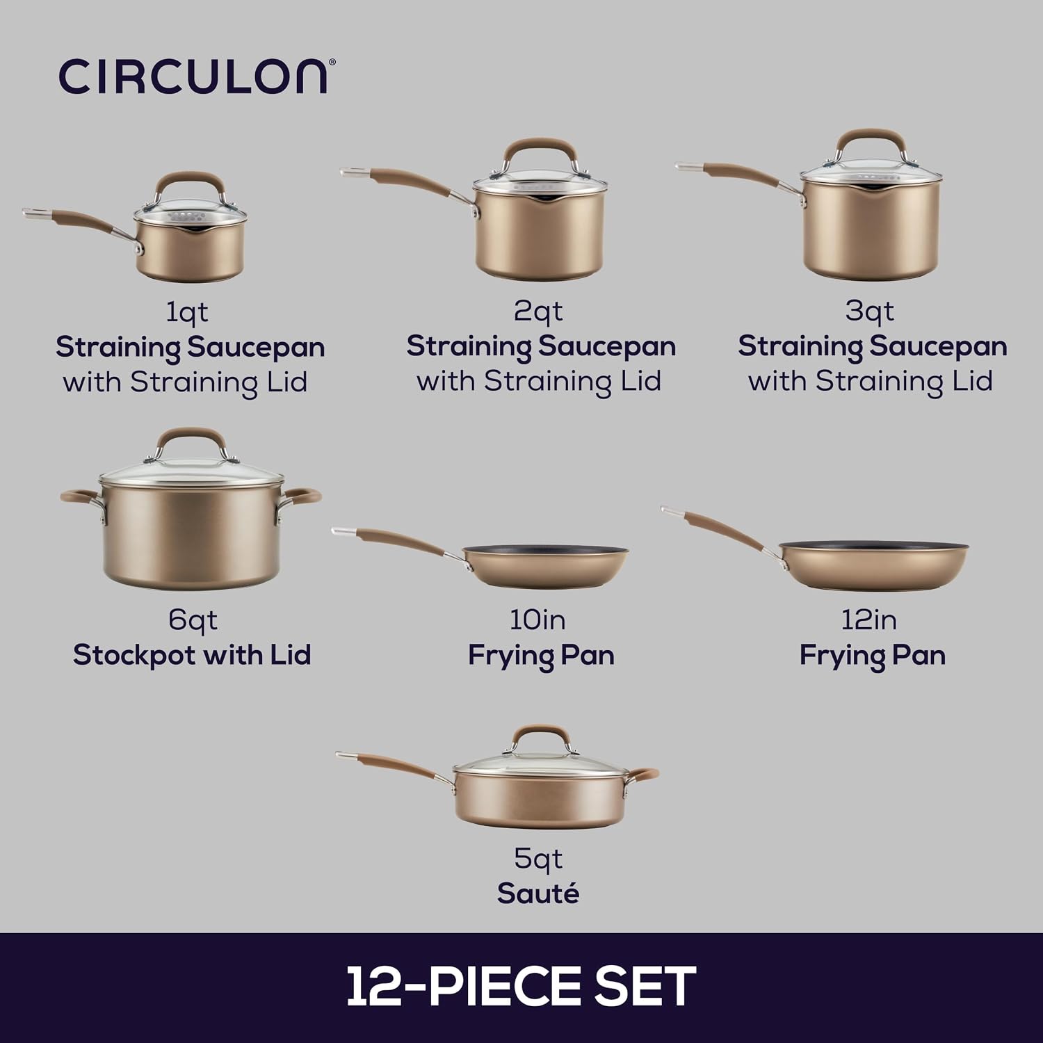12 Piece Induction Cookware Set, Hard Anodised, Bronze