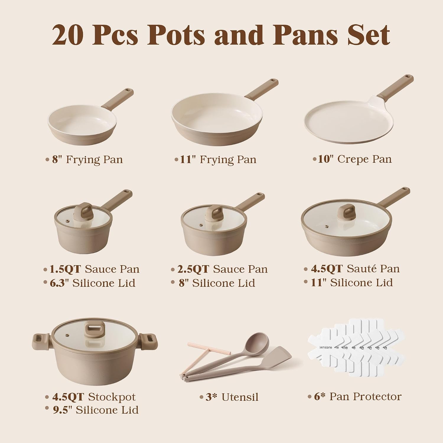 20 Piece Ceramic Non Stick Cookware Set, Taupe