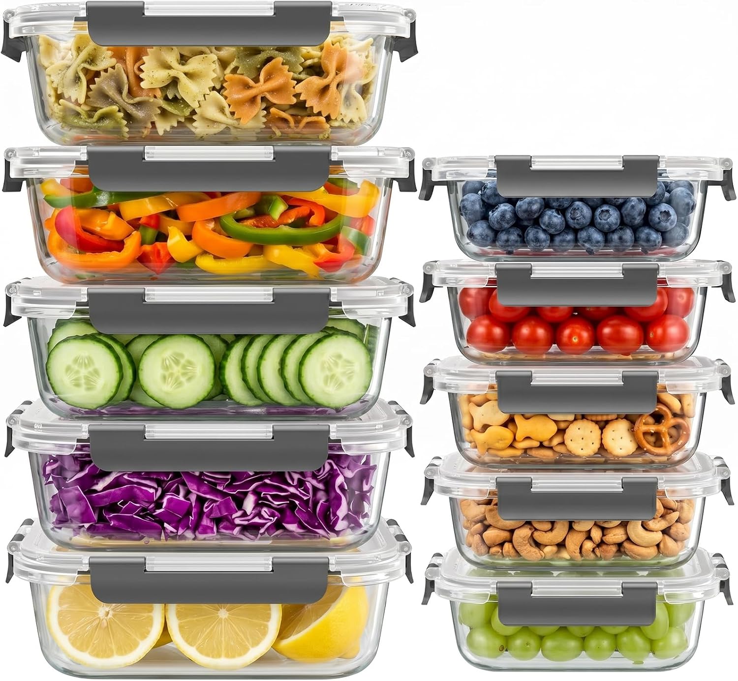 20 Piece Glass Food Storage Set, 36 oz and 12 oz, Grey