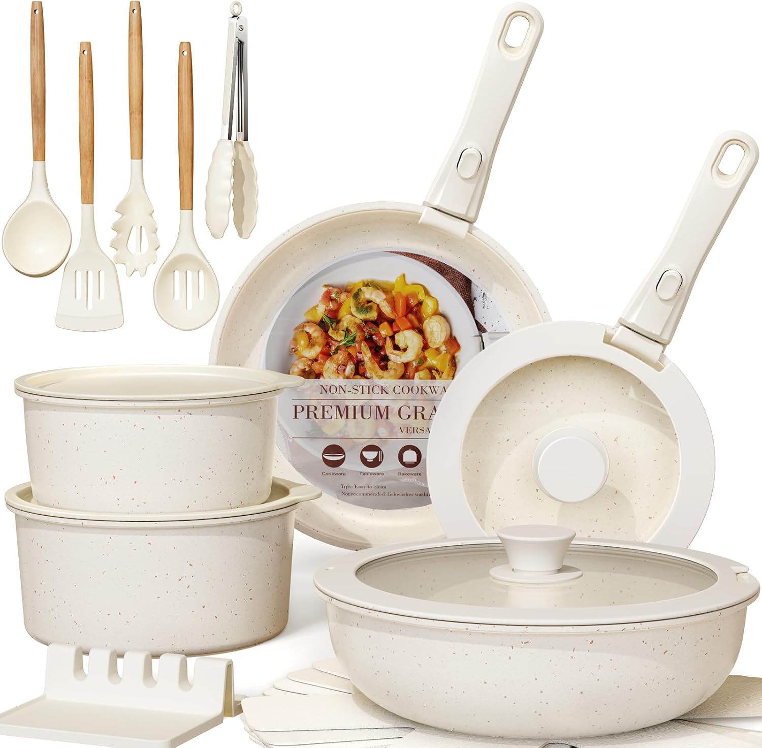 21 Piece Ceramic Cookware Set with Detachable Handle