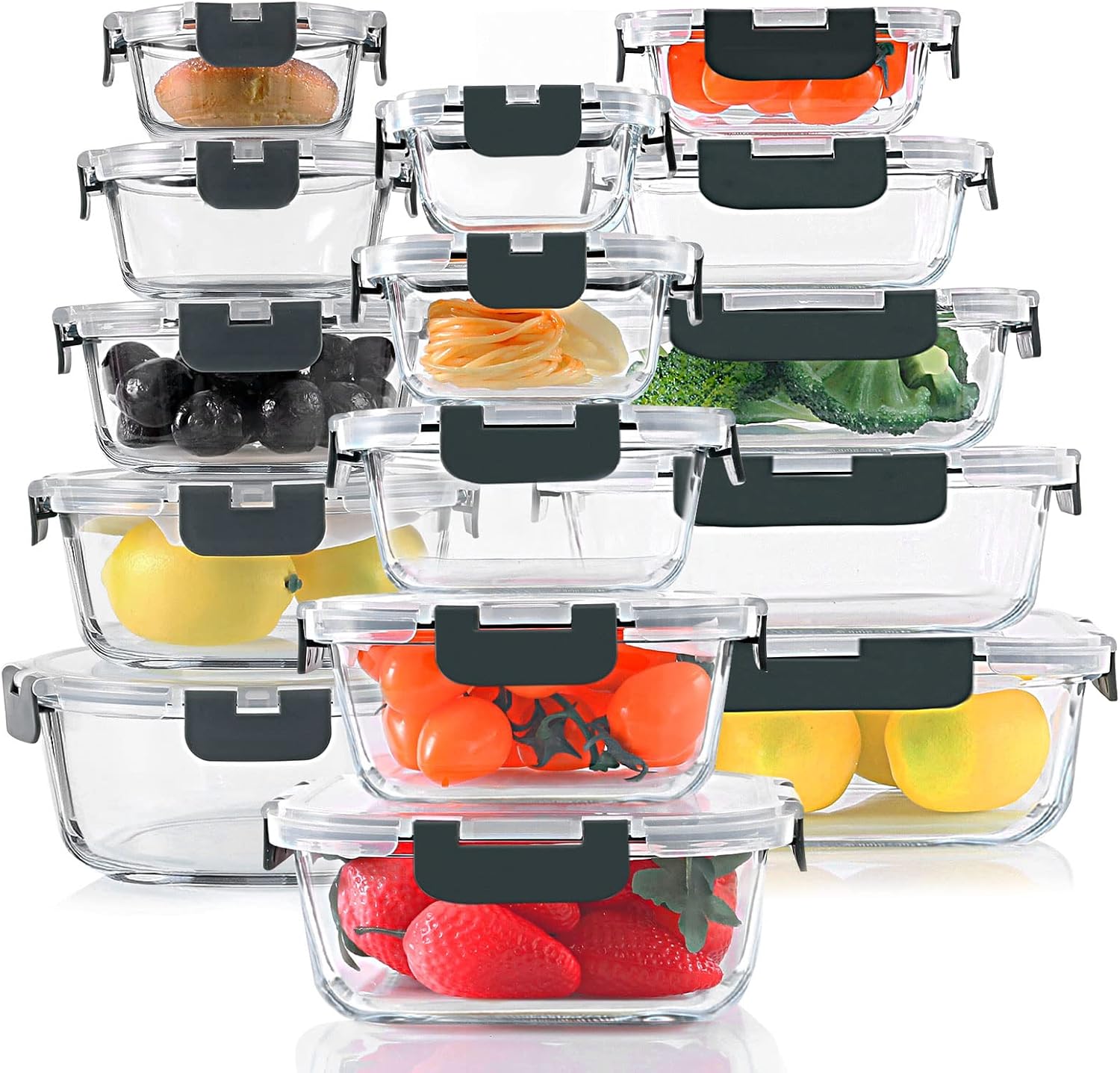 30 Piece Glass Food Storage Container Set with Lids, Grey