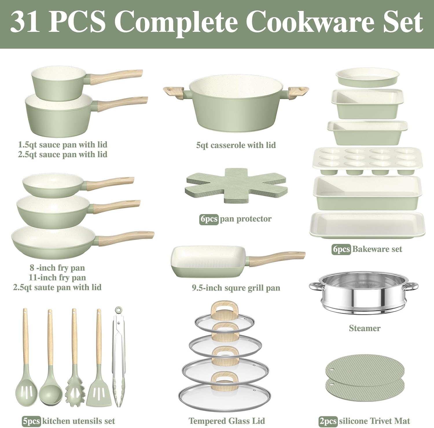 31 Piece Induction Cookware and Bakeware Set, Non Stick