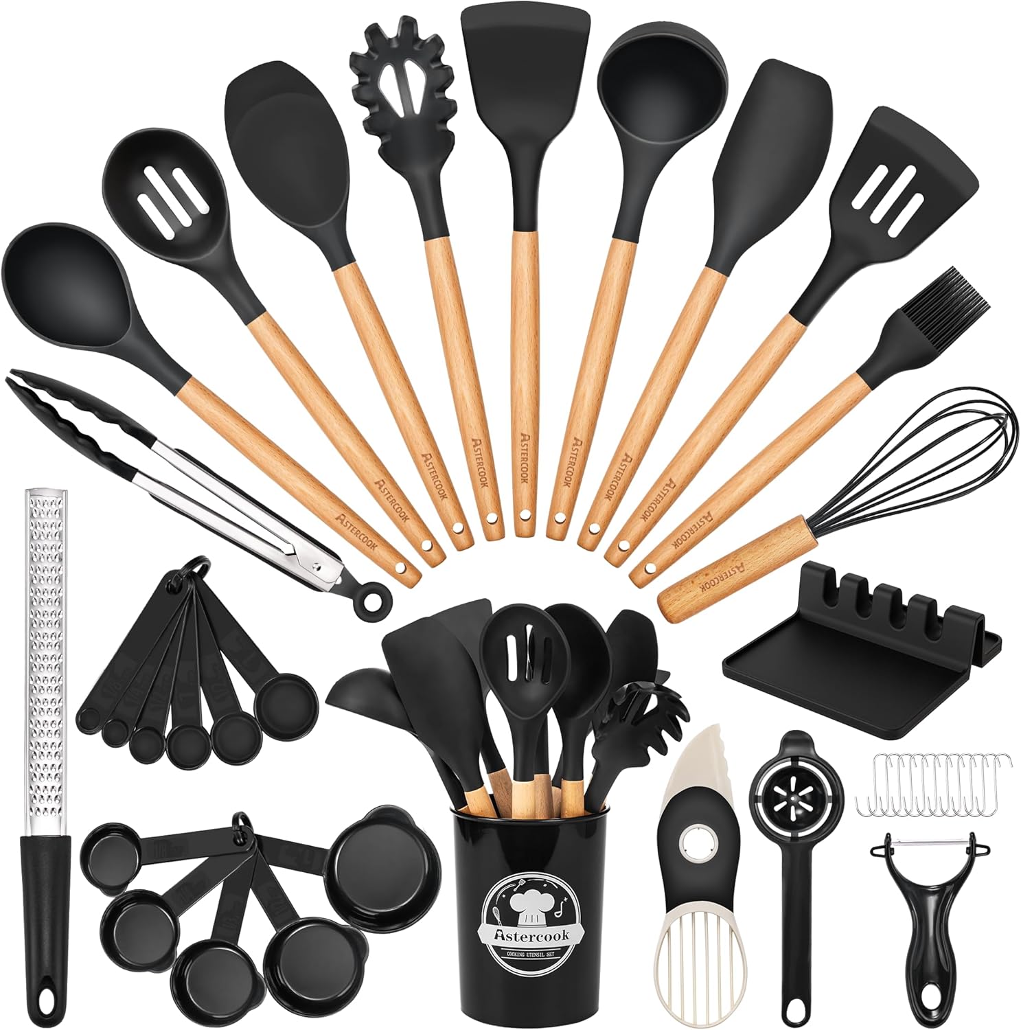 39 Piece Silicone Cooking Utensil Set with Wooden Handles