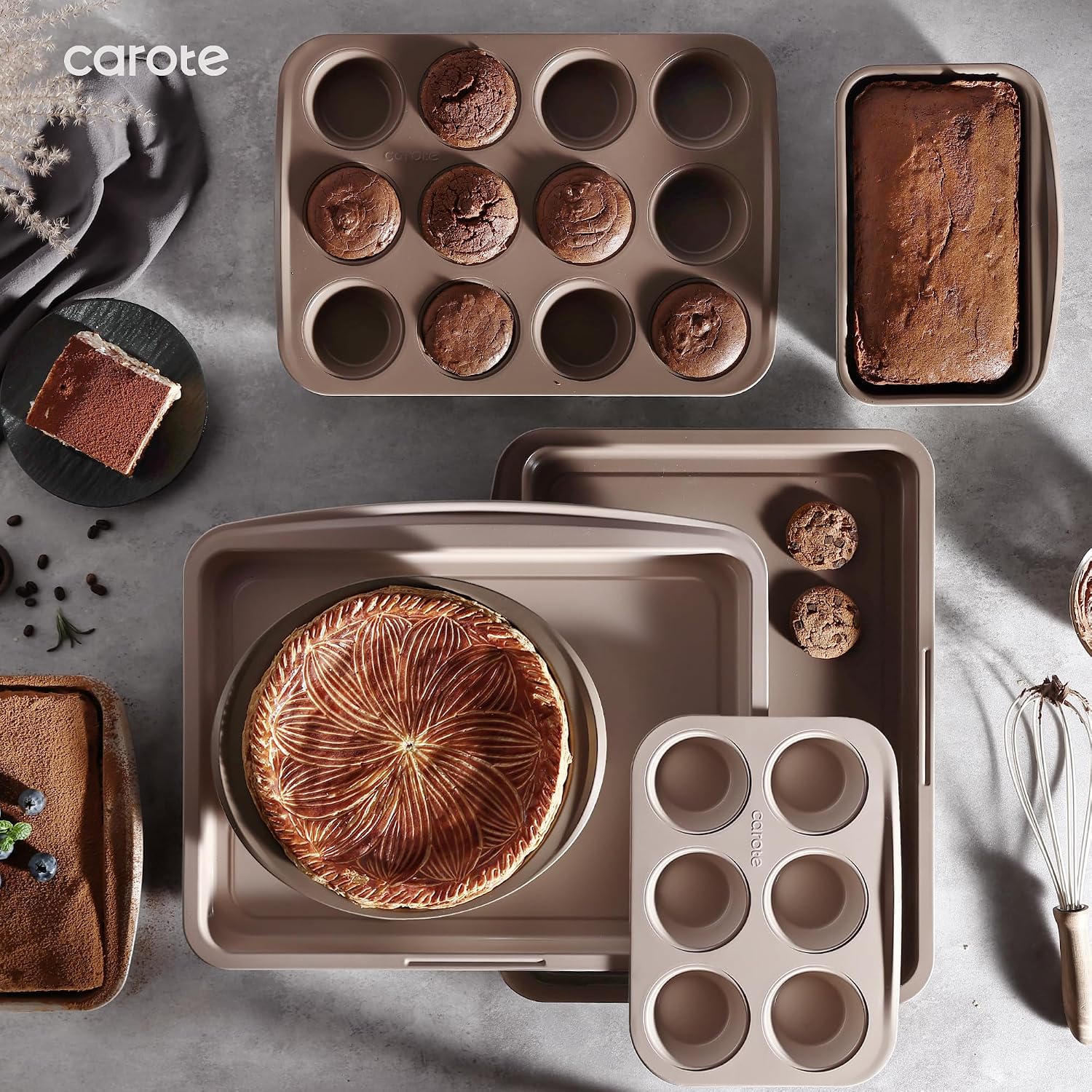 7 Piece Non Stick Baking Pan Set, Grey and Khaki